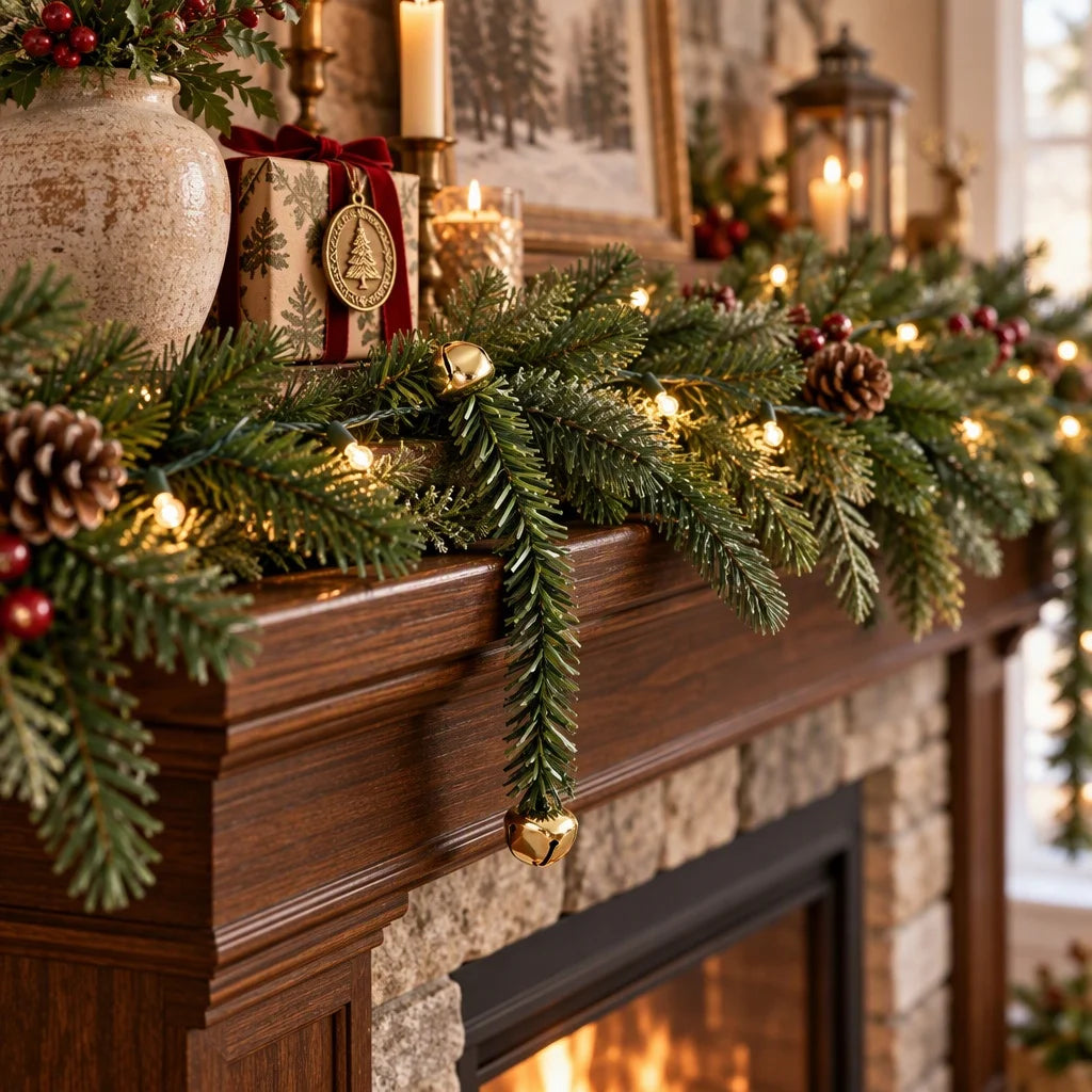 10Pcs 30CM/11.8inch Christmas Bendable Pine Needle Twist Ties with Jingle Bells,  for Wreath Stair Railing Mantel Holiday Decor