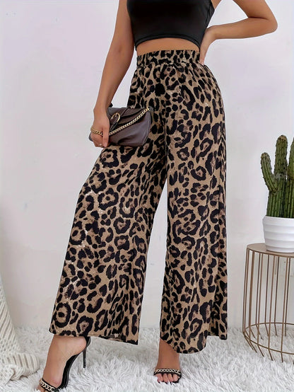 Leopard Print, Casual Straight, Wide Leg Pants, Elastic Waistband