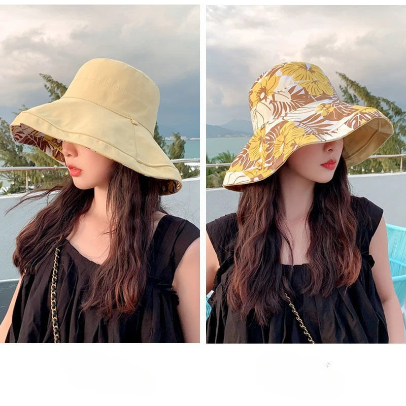 Bohemian Reversible Bucket Hat - Oversized Floral Print Sun