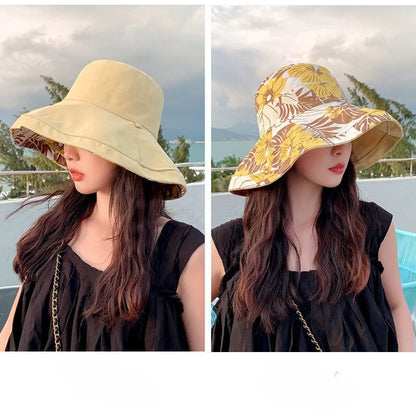 Bohemian Reversible Bucket Hat - Oversized Floral Print Sun