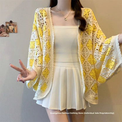Bohemian Style Hollowed-out Long Sleeve Light Weight Sweater with V Neck and Batwing Sleeves