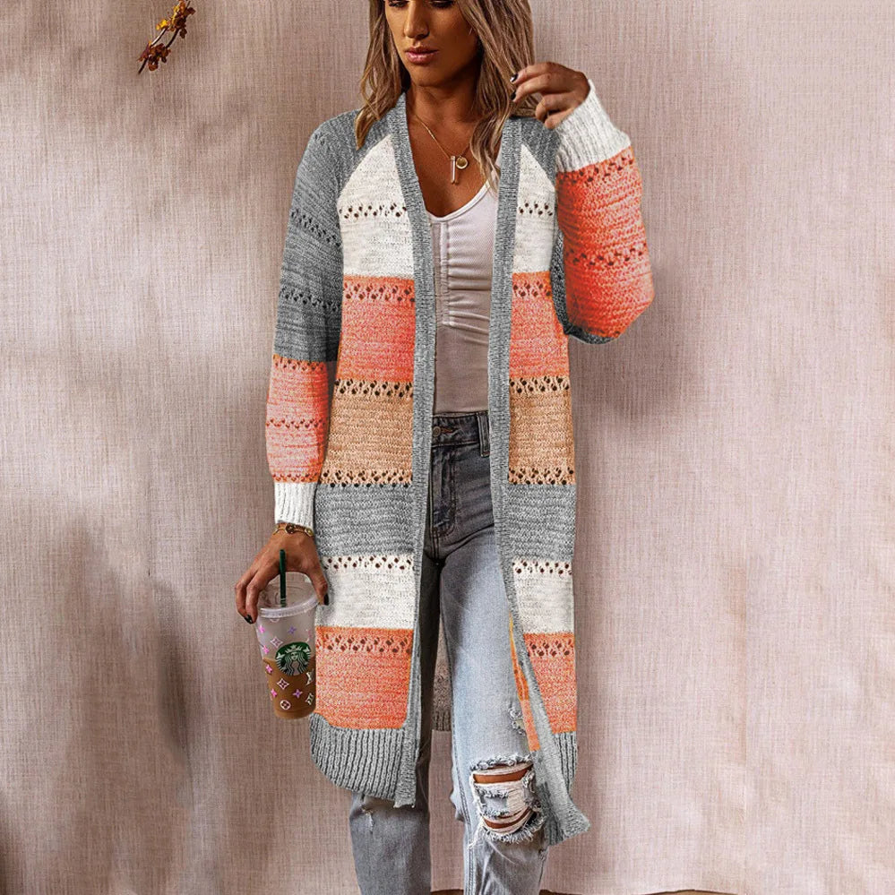 Multi-Color Mid-Length Knitted Cardigan Sizes to 3XL