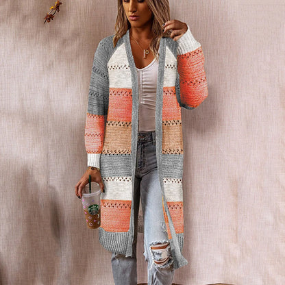 Multi-Color Mid-Length Knitted Cardigan Sizes to 3XL
