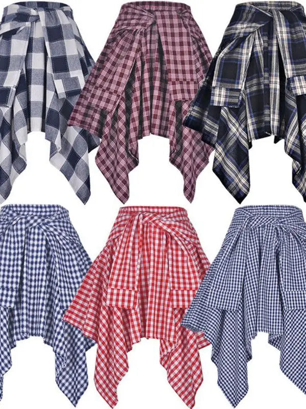 Sporty Street Style with Ruffle and Bow Tie Asymmetrical Hankie Hemline Elastic Waist, Plaid Patterned Skirt--Sizes 58 Centimeter Waist