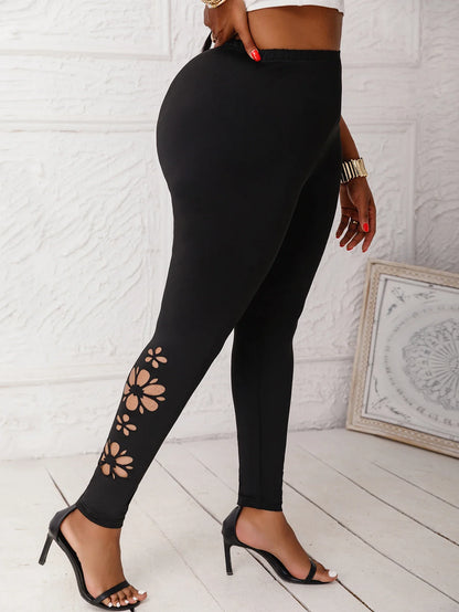 Plus Size to 4XL Women's High-Elasticity Skinny Pants with Hollowed Out Floral Pattern