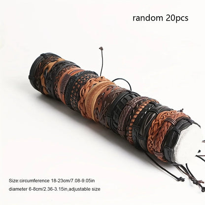 Boho 20Pcs Braided Leather Bracelets with Wood Beads Hemp Cords Tribal Handmade Wrapped Wristband