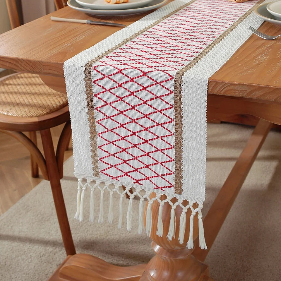 Boho Table Runner Farmhouse Burlap Cotton Table Runner with Woven Macrame Tassels. Various Sizes and Colors