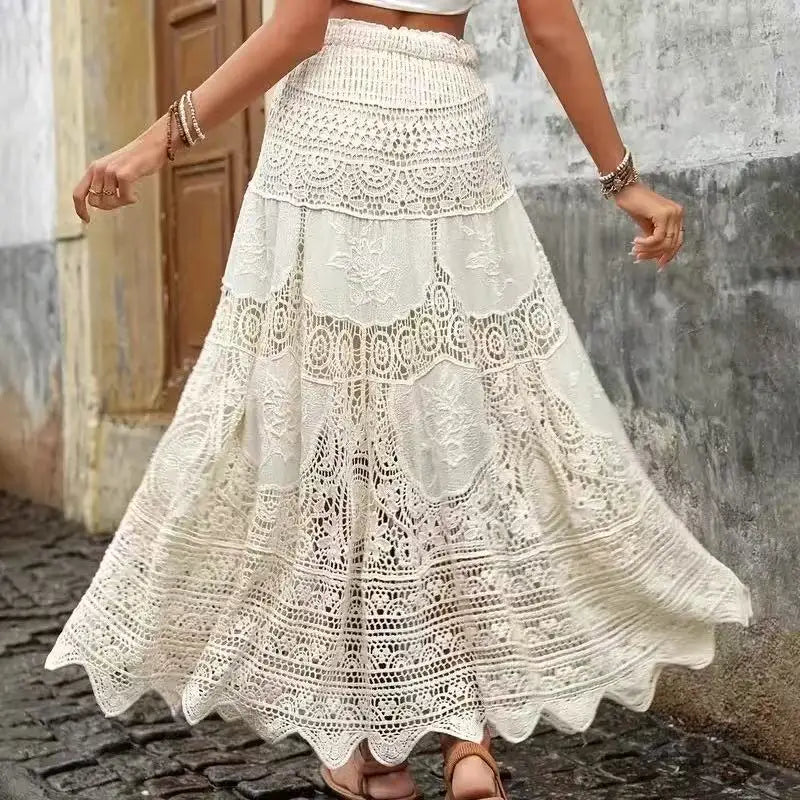 Crocheted Lace Maxi Skirt, Elastic Waist, Hollowed-out Embroidery, Long Boho Skirt