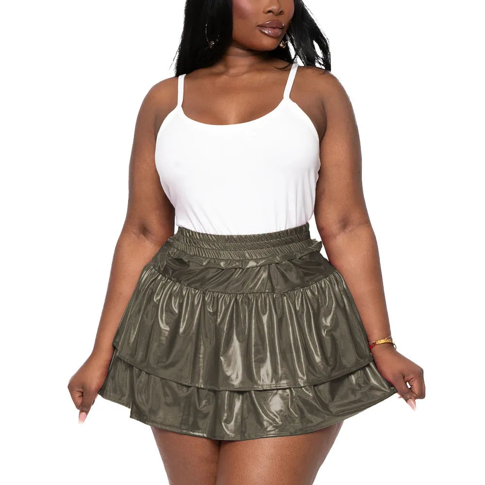 Sizes to 8XL!! Hologram Laser Tiered Pleated Mini Skirts, High Elastic Waist, A-line