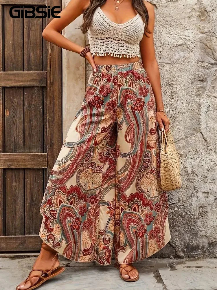 To sizes 4XL Boho Paisley Culottes, Elastic Waist, Extra  Wide Leg Trousers
