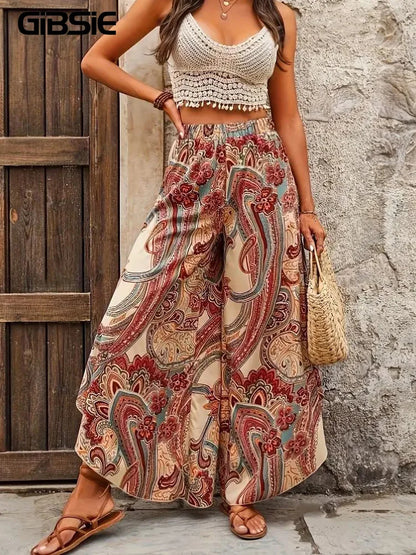 To sizes 4XL Boho Paisley Culottes, Elastic Waist, Extra  Wide Leg Trousers