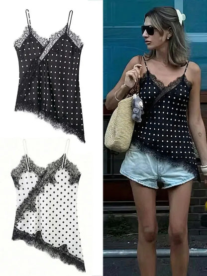 Polka Dot Sling Tops Asymmetric Hem Sleeveless V-Neck Lace Cami