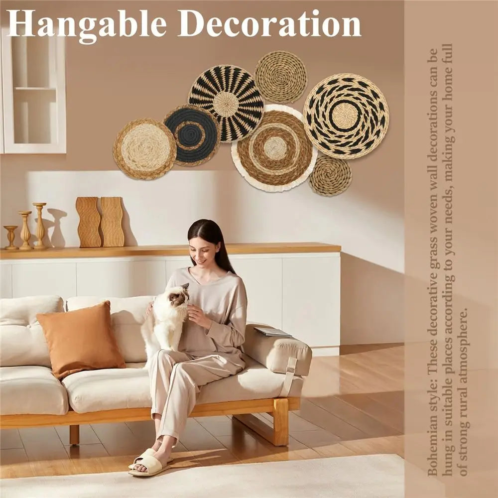 4/7PCS Boho Seagrass Rattan Wicker Handmade Wall Art