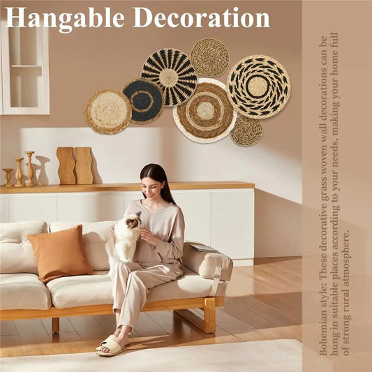 4/7PCS Boho Seagrass Rattan Wicker Handmade Wall Art