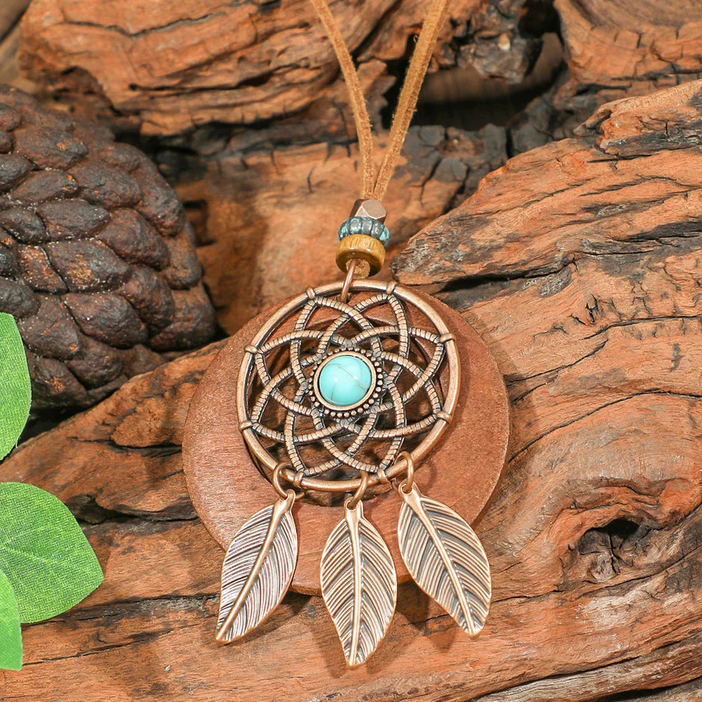 7 piece Boho Long Necklace Set, Brown Pendant Necklaces: Turquoise Shell Design Tribal Jewelry