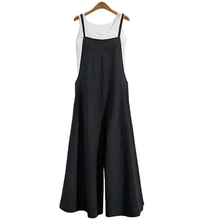 Spaghetti Strapped Jumpsuit to Sizes 5XL. Solid Color, Wide Leg Pants. Bibbed Overalls with Pockets. Casual, Loose, Cotton Linen