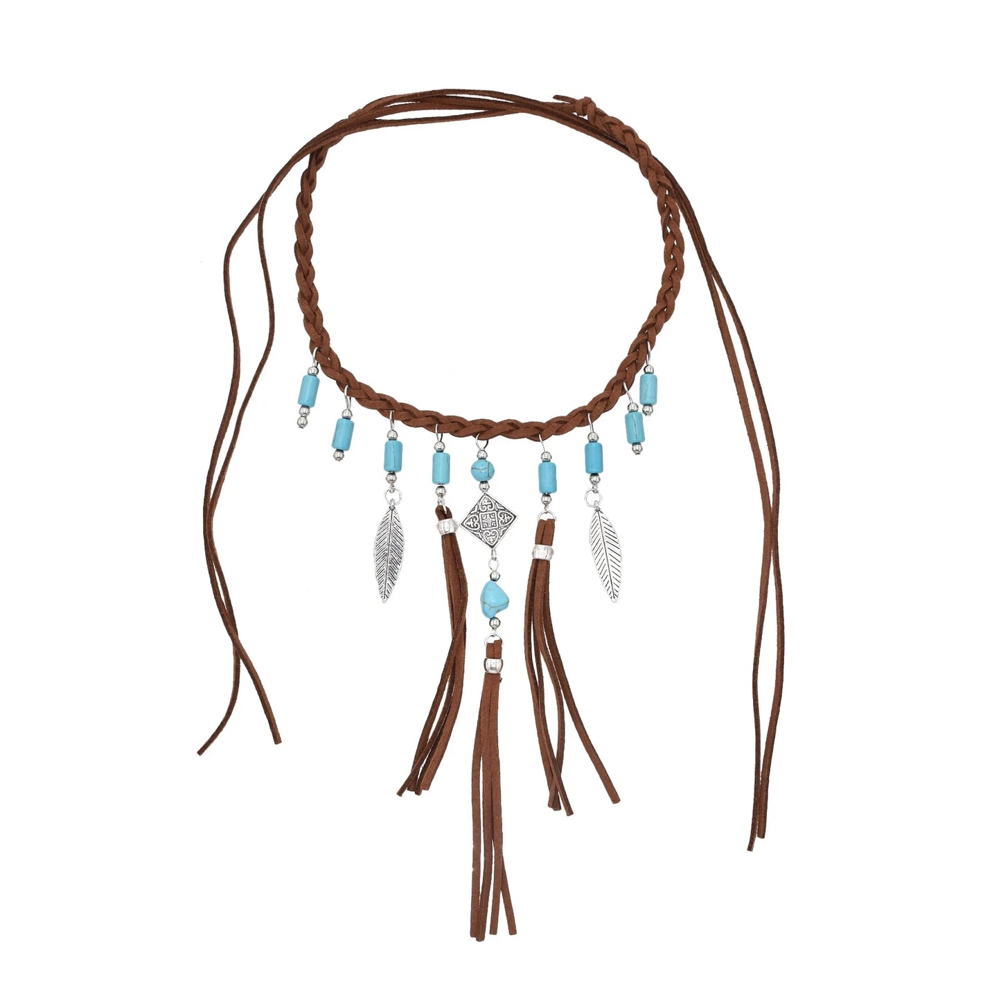 Retro Brown Leather Rope Woven Indian Necklace Acrylic Bead Leather Tassel Choker Ethnic Tribal Statement Jewelry also in Red Beads