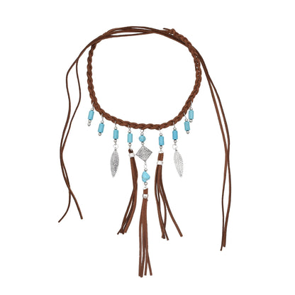 Retro Brown Leather Rope Woven Indian Necklace Acrylic Bead Leather Tassel Choker Ethnic Tribal Statement Jewelry also in Red Beads