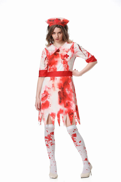 Halloween Scary Nurse Costumes Adult, Horror Bloody Printed Nurse Costume