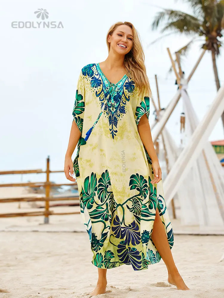 Embroidered 3/4 Sleeve Cotton Kaftan Swimsuit Cover Up Lounging Robe . 14 Designs