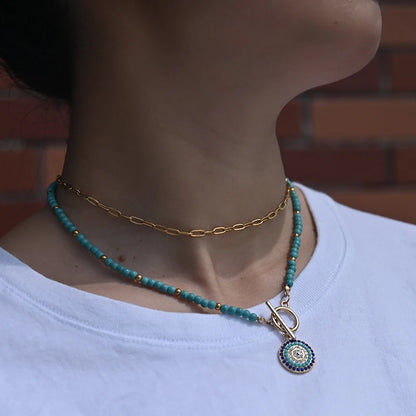 4mm Colorful Stone Choker Necklace Round Charm Pendant with interesting Clasp