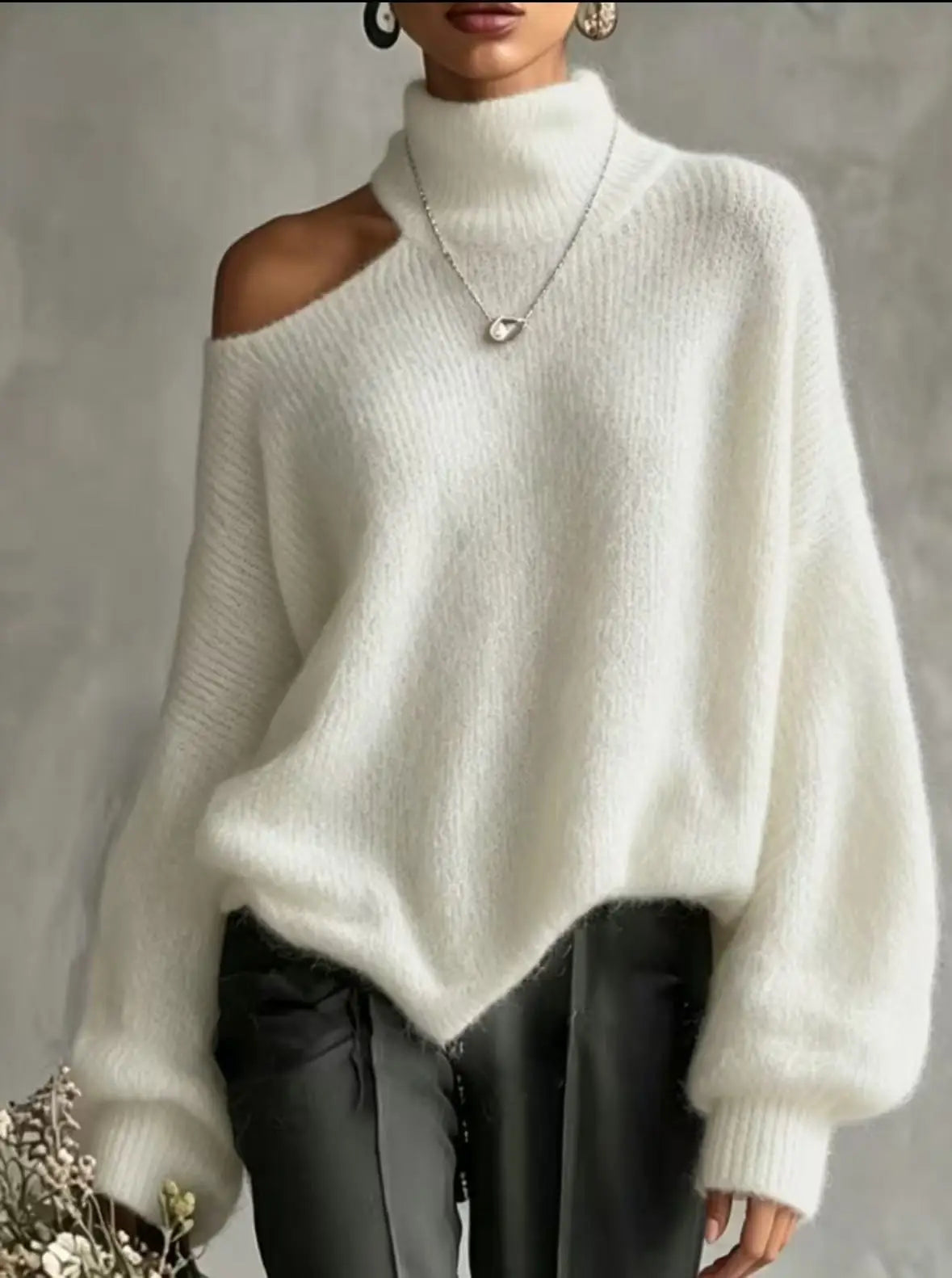 Off-Shoulder High-Collar Loose Knit Pullover, Long Sleeve, 10 Colors in sizes to 2XL