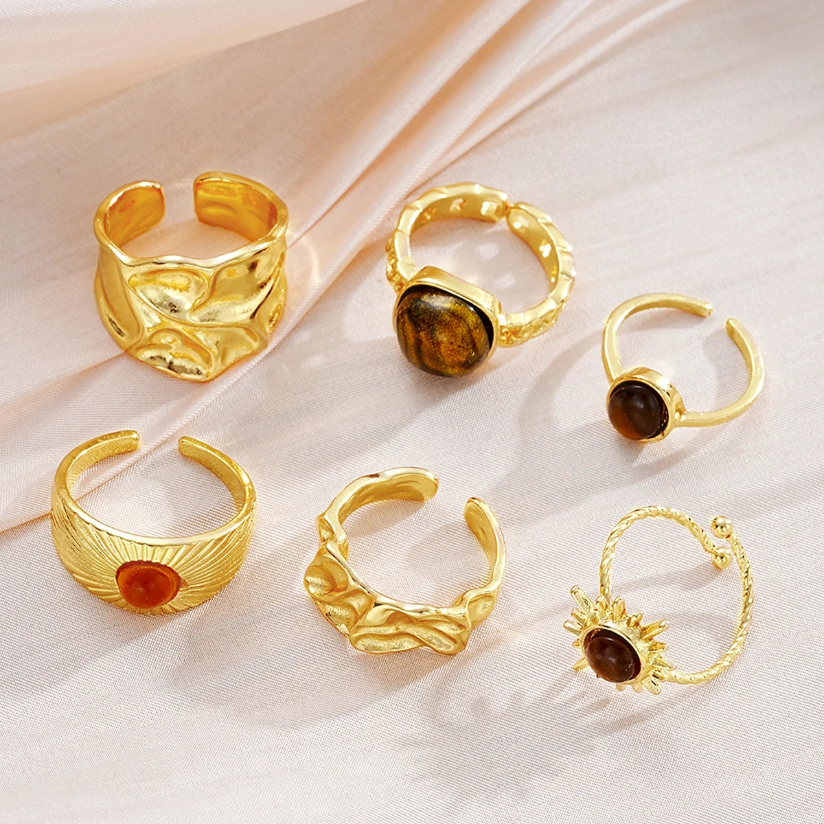 6pcs Boho Sunflower Tiger Eye Stone Ring Set, Open for Adjustable Sizing