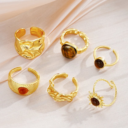 6pcs Boho Sunflower Tiger Eye Stone Ring Set, Open for Adjustable Sizing