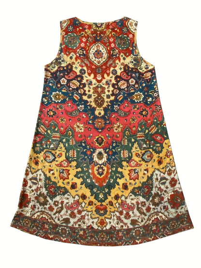Bohemian Sleeveless Round, A Line Neck, Knee Length, Floral Midi Dress