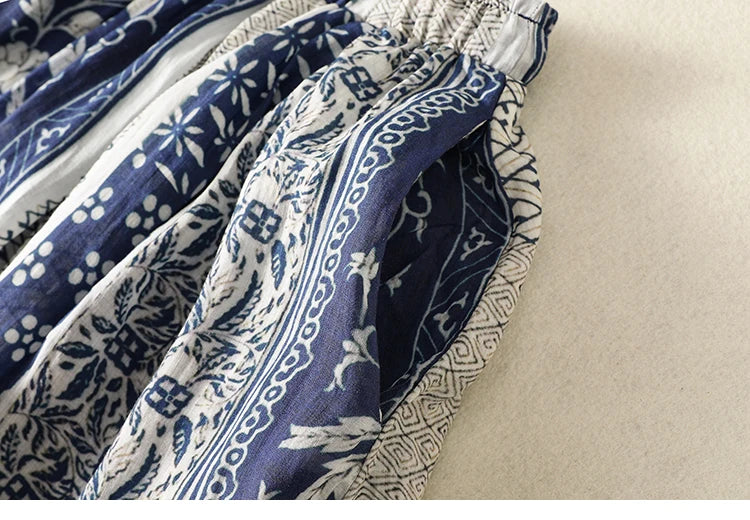 Retro Ethnic Print Flax A-Line Midi Skirt High Waist Drawstring Sizes to 2XL
