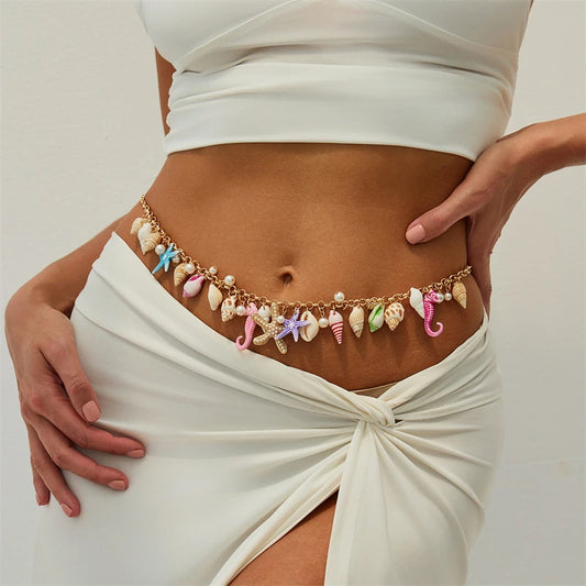 Boho Starfish and Shell Beaded Waist Pendant, Extra chain in Back