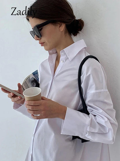 Minimalist White Long Oversized Full Sleeve Button-Up Blouse in Black and White