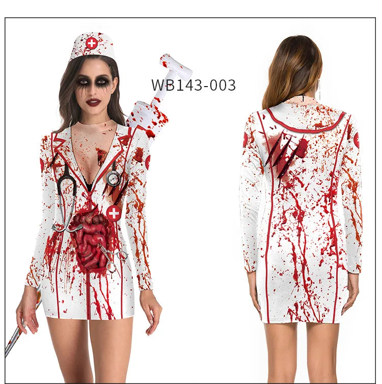 Bloody Nurse Cosplay Costume Dress Long Sleeves Sexy Tight Nurse Uniform and Skeleton Uniform.  Plus others
