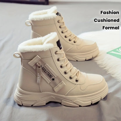 Short Snow Boots, Anti‑Slip, Warm Fur Lined, Lace-Up Casual Ankle Boots, Come in Black, White, Tan