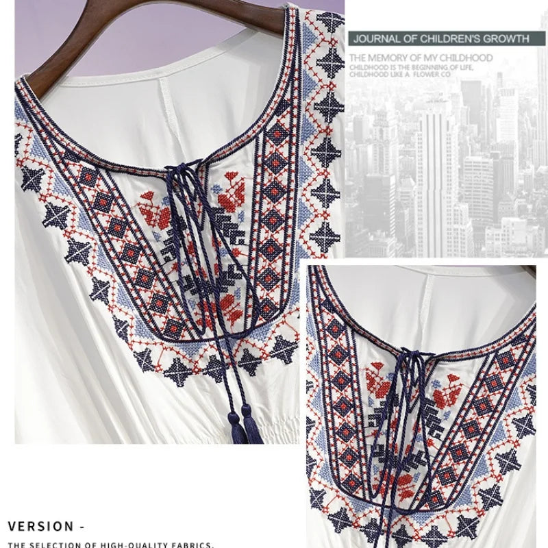 Retro Boho Style Embroidery Blouses Loose Cotton with Lace Hem Batwing sleeves