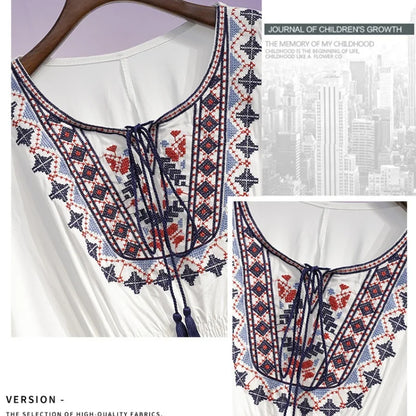 Retro Boho Style Embroidery Blouses Loose Cotton with Lace Hem Batwing sleeves
