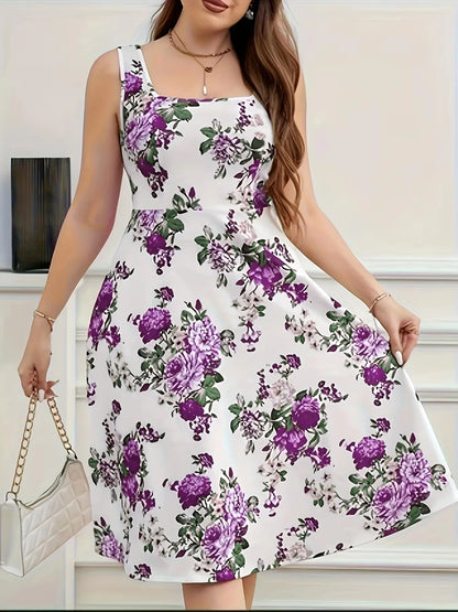 Boho Sizes to 6XL,  Floral Print, Square Neck, Sleeveless, Flared Skirt, Stretchy Fabric, Machine Washable,