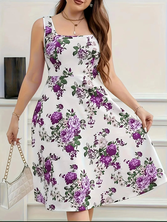 Boho Sizes to 6XL,  Floral Print, Square Neck, Sleeveless, Flared Skirt, Stretchy Fabric, Machine Washable,