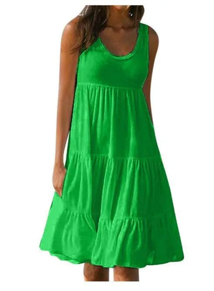 Sizes to 5XL, Casual Boho Tank Top Neck, Sleeveless, Tiered Ruffles, Oversized Loose Dress