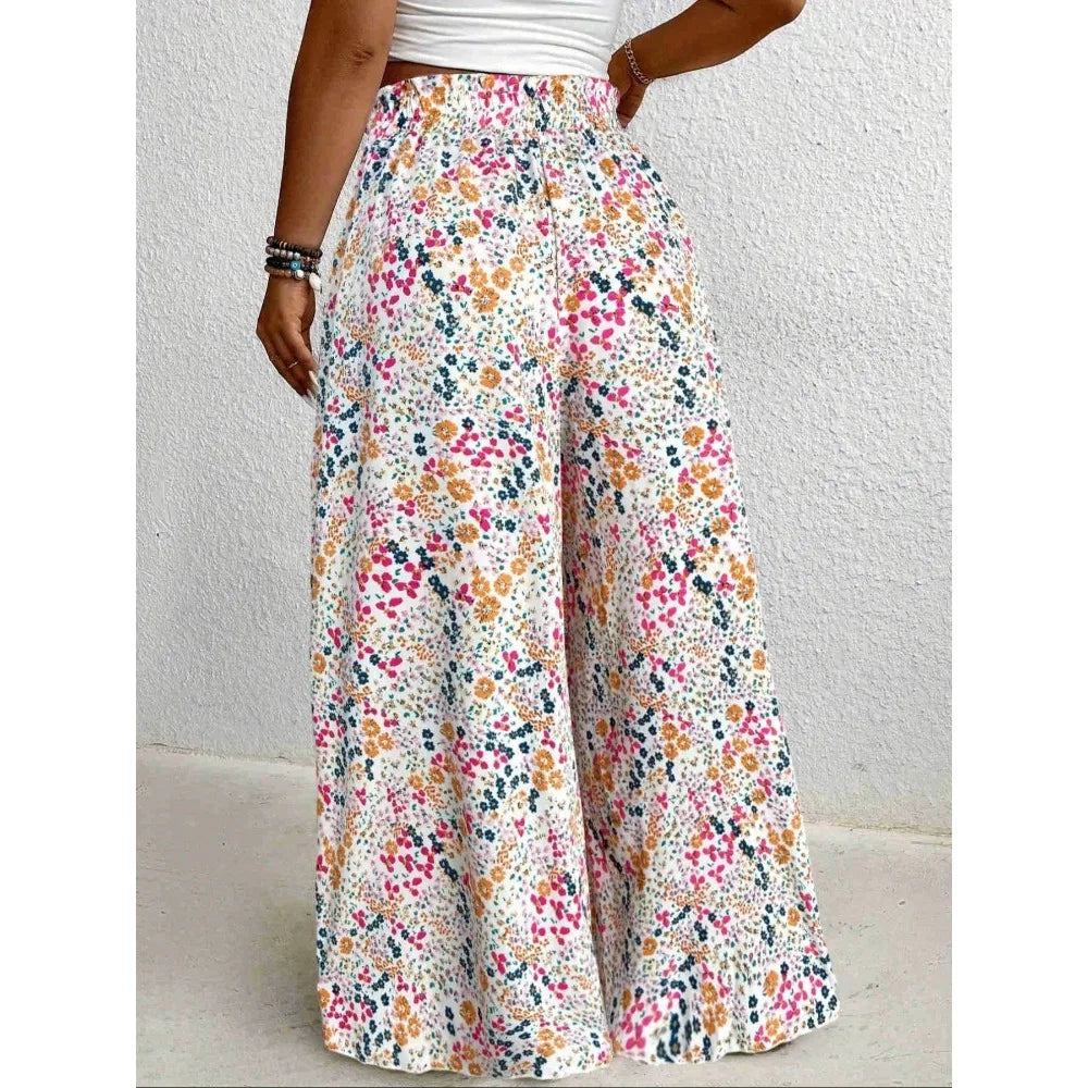 Plus Size 1XL-5XL  Boho Floral Print Wide Leg Pants, Elastic and Drawstring High Waisted Loose Long Trousers