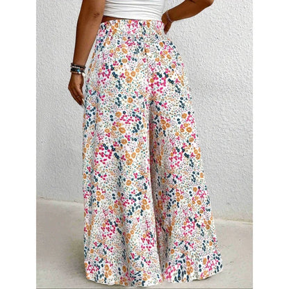 Plus Size 1XL-5XL  Boho Floral Print Wide Leg Pants, Elastic and Drawstring High Waisted Loose Long Trousers