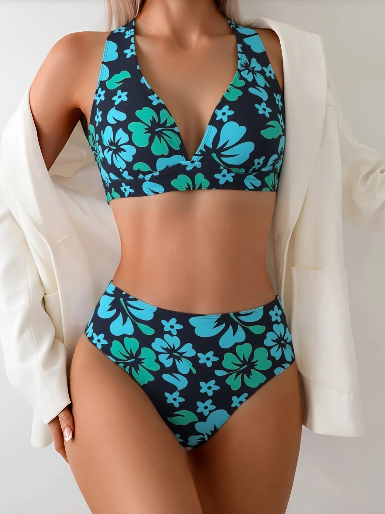 Vintage Turquoise Hibiscus Print Halter Bikini,