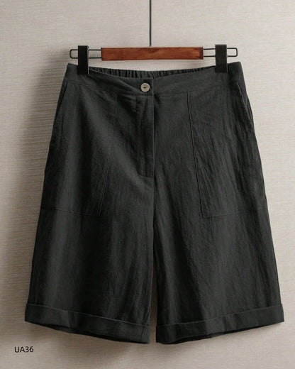 Casual Cotton Linen Knee-Length Shorts, Elastic Waist, Bermuda Shorts with Pockets, in 5 Colors