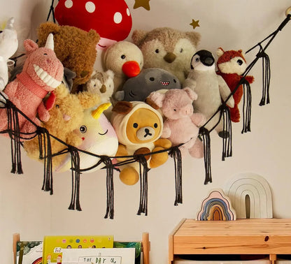 9 different colors of this Boho Macrame Stuffed Animal Hammock Cotton Tassel Toy Storage Net, Hanging Organizer