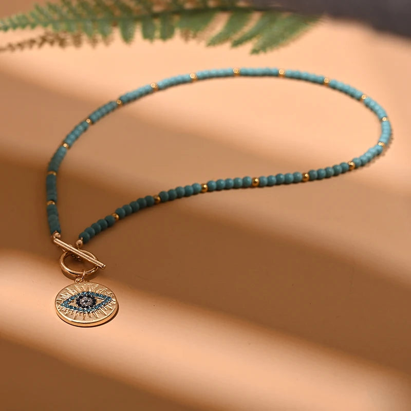 4mm Colorful Stone Choker Necklace Round Charm Pendant with interesting Clasp