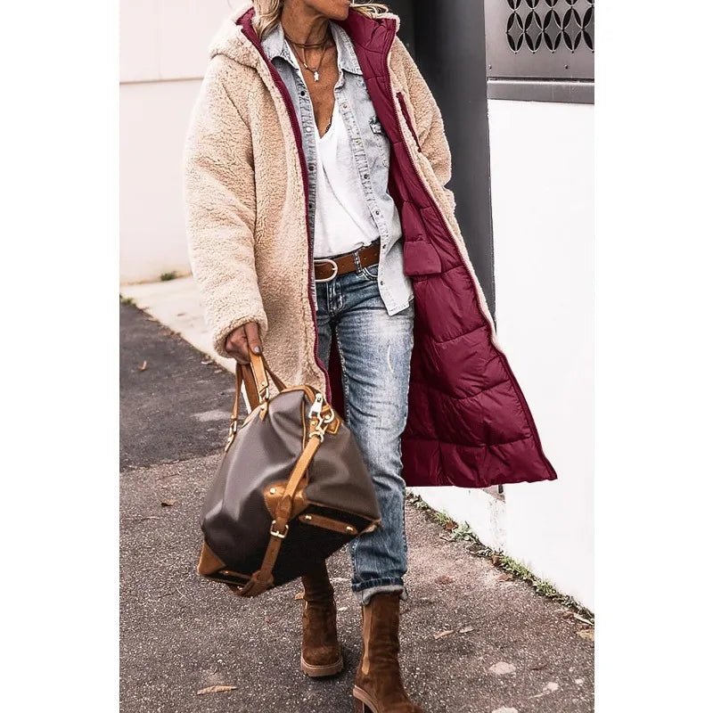 Reversible Sherpa Fleece, Long, Hooded Puffer Coats. Check colors: Brown, Green, Black, Burgundy, Light Gray