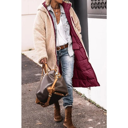 Reversible Sherpa Fleece, Long, Hooded Puffer Coats. Check colors: Brown, Green, Black, Burgundy, Light Gray