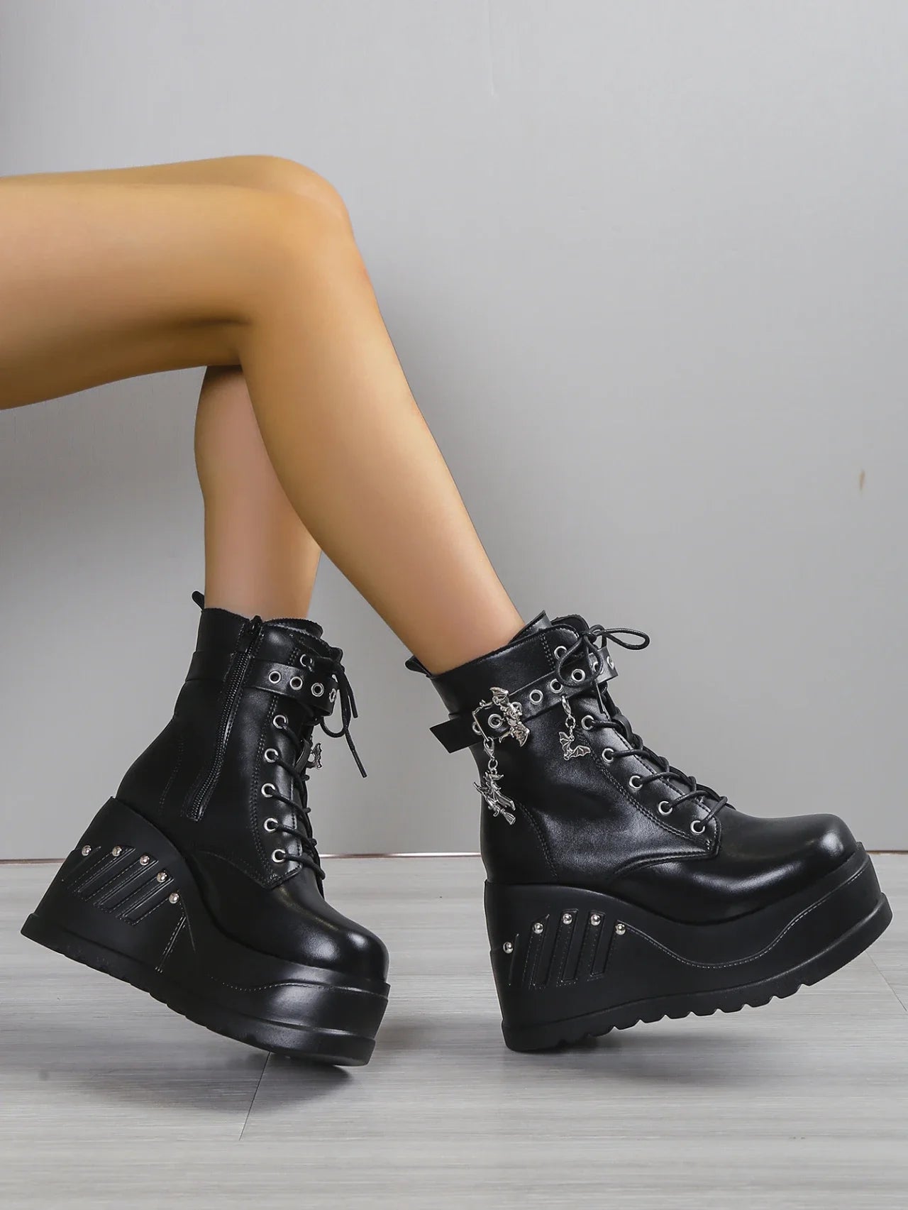 Punk Goth Platform Heels Wedge Heeled Boots, Tie and Strap Closures