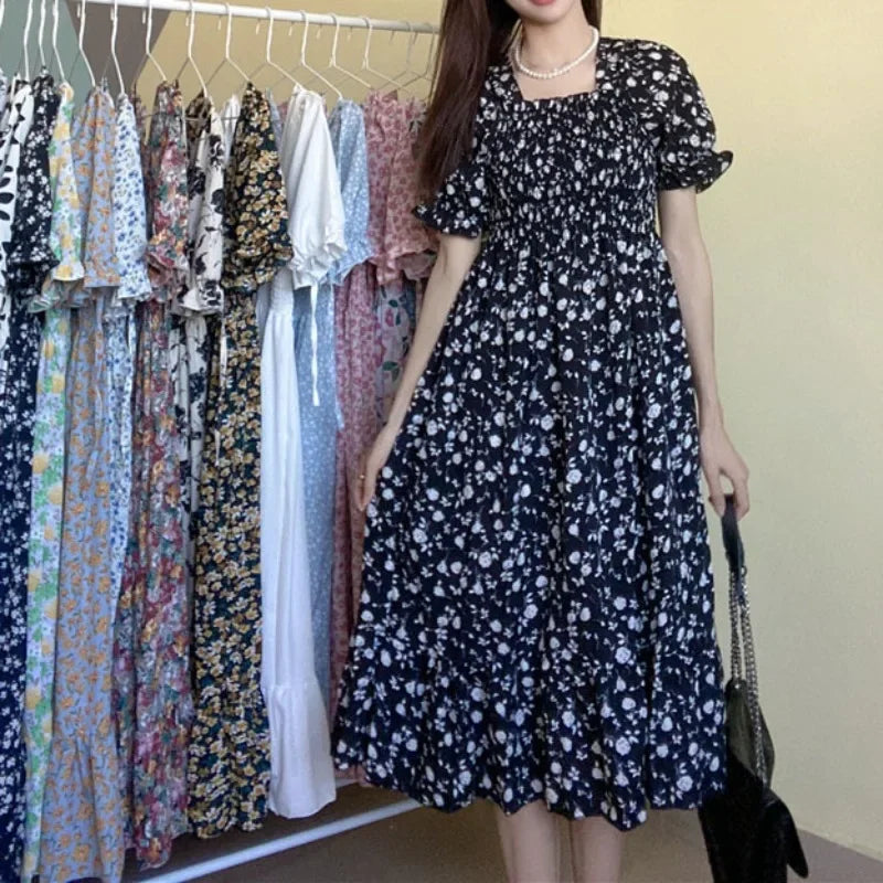14 Patterns Elastic Waist Chiffon Dress  Short Sleeve Pleated A-line Dresses