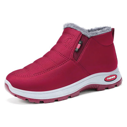 Waterproof Plush, Warm Ankle Snow Boots in Red, Black, Blue, Green, and Tan.